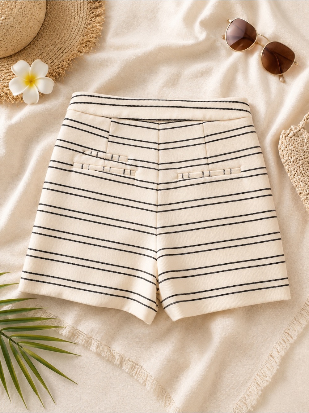 Zara Cream & navy Striped High-Waist Shorts